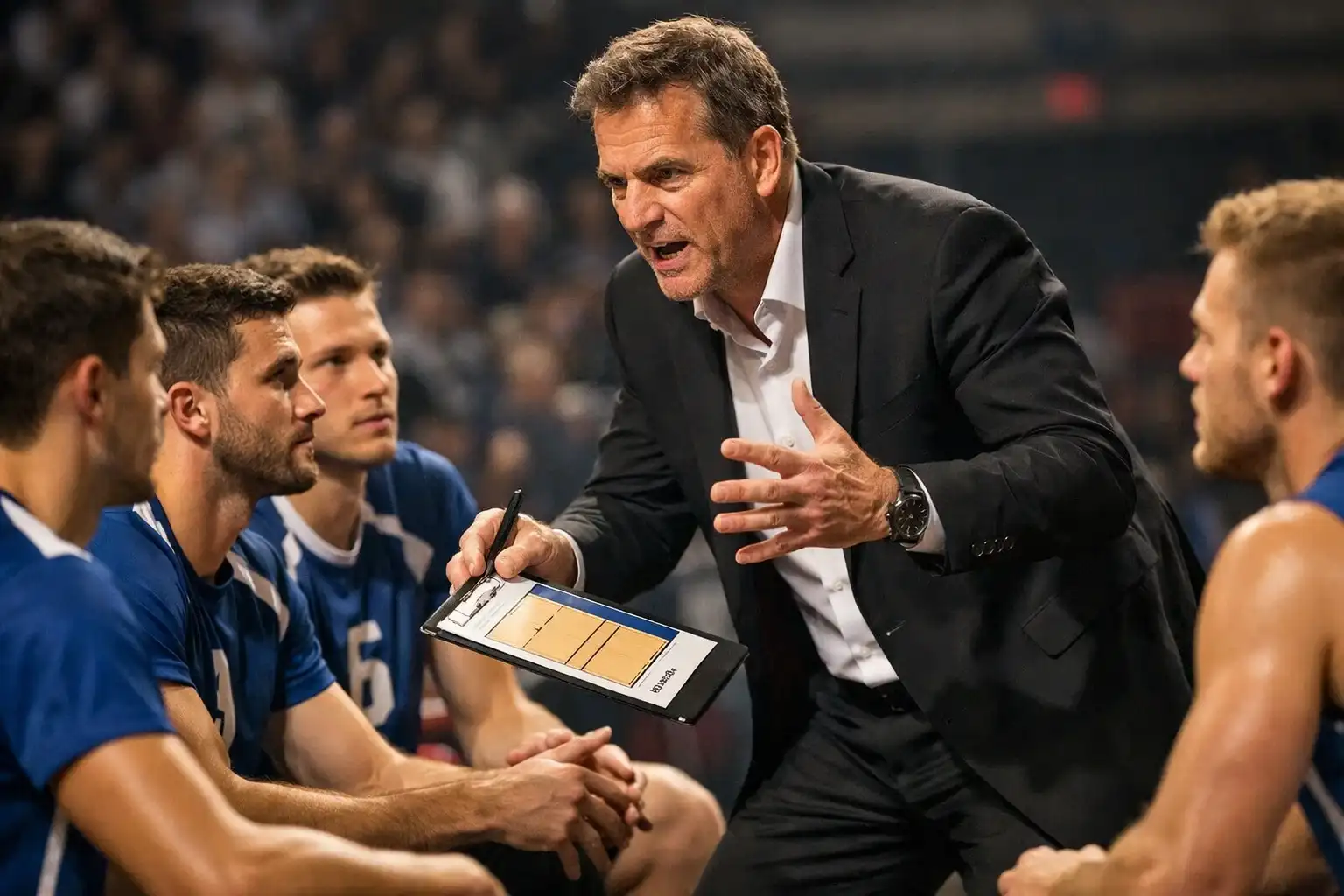 Allenatore di pallavolo che spiega la tattica ai giocatori durante un timeout