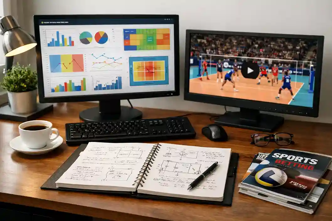 Postazione di lavoro di un analista sportivo con monitor che mostrano statistiche di pallavolo