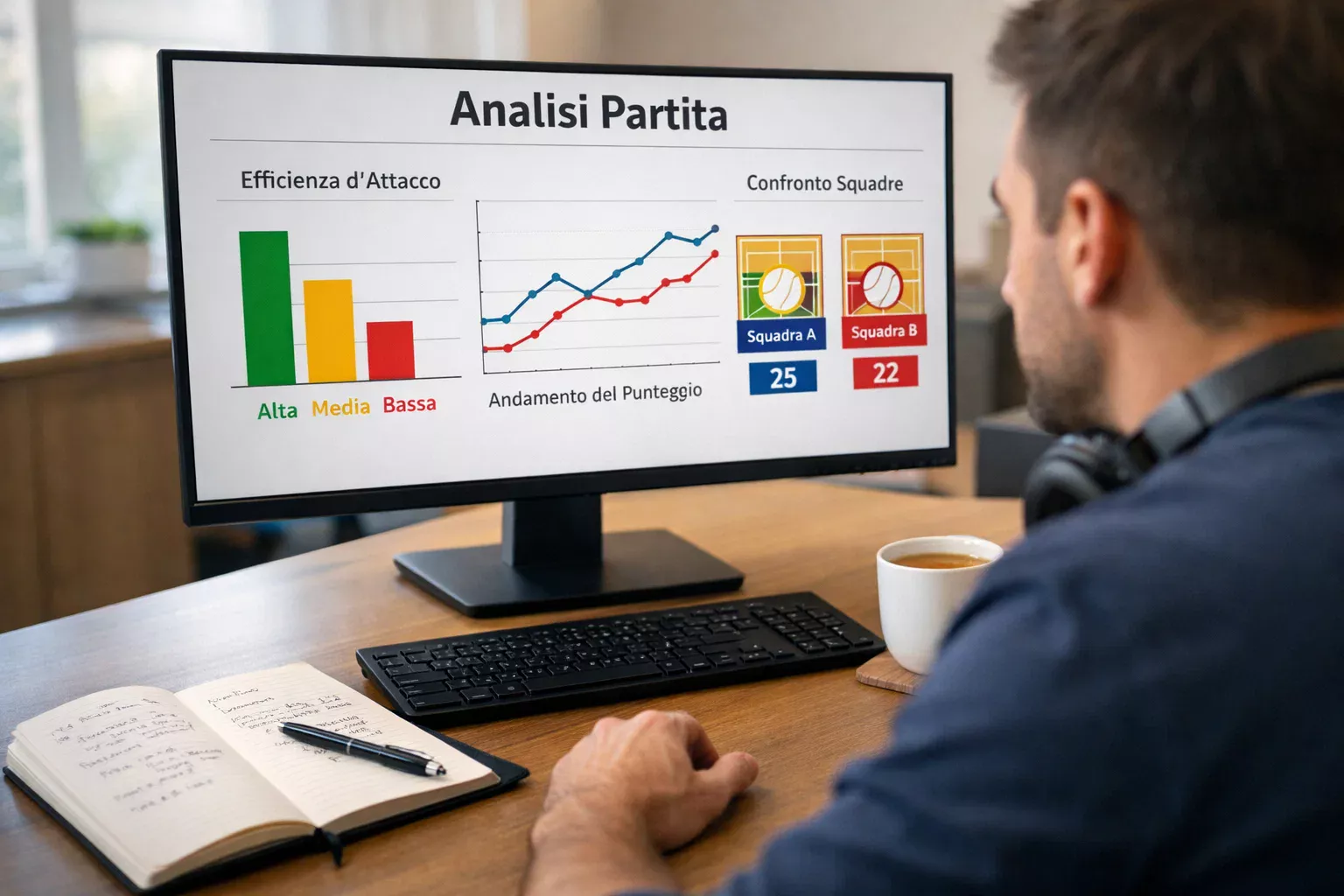 Analista sportivo che studia statistiche di pallavolo