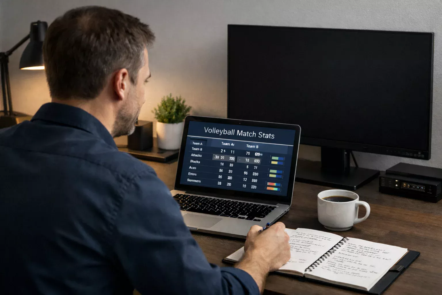 Analista sportivo che studia statistiche di pallavolo su computer e monitor