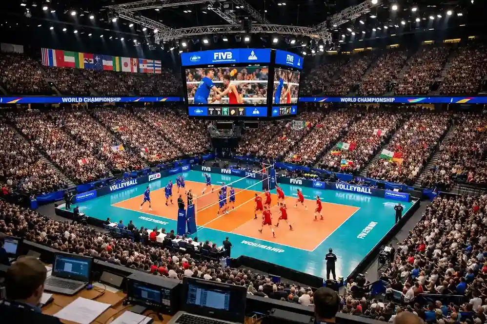 Arena internazionale di pallavolo durante un torneo mondiale con bandiere di varie nazioni