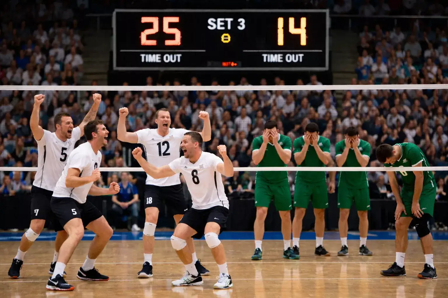 Momento di celebrazione e reazione durante una partita di pallavolo con differenza di punteggio
