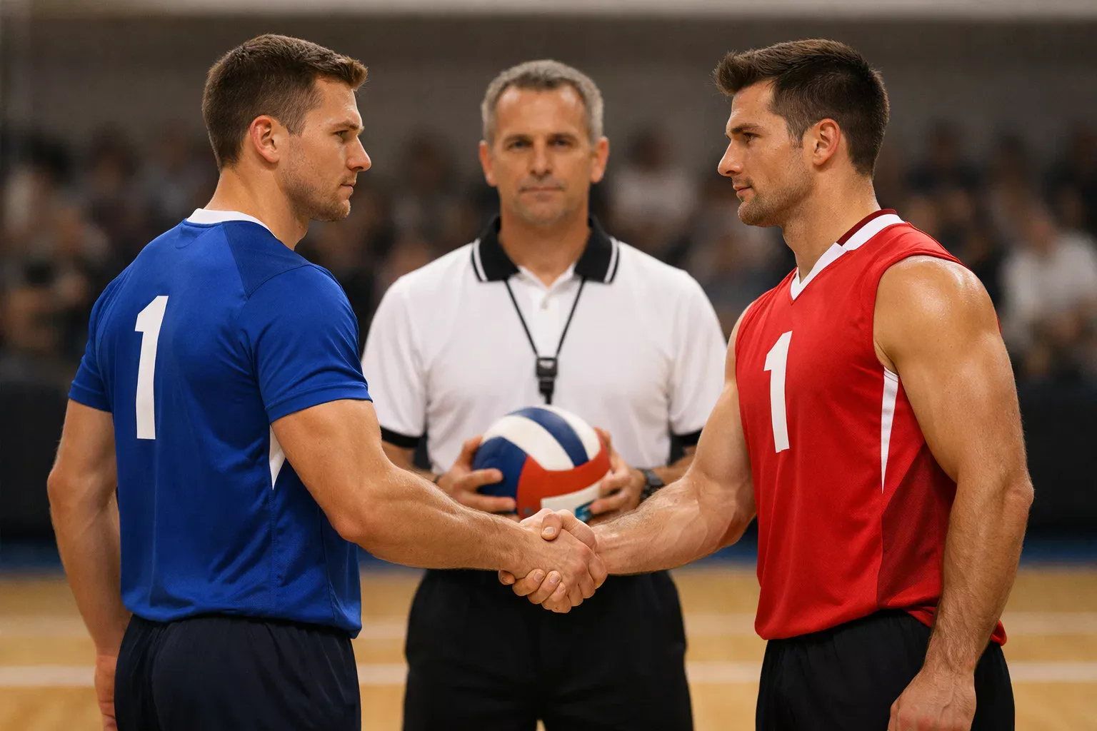 Due capitani di pallavolo si stringono la mano prima della partita