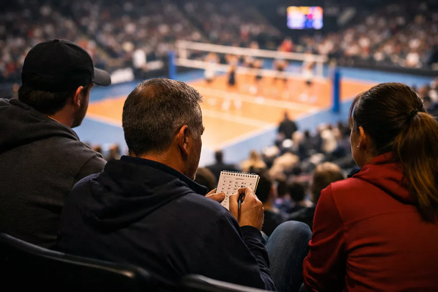 Spettatori che osservano una partita di pallavolo con attenzione analitica prendendo appunti