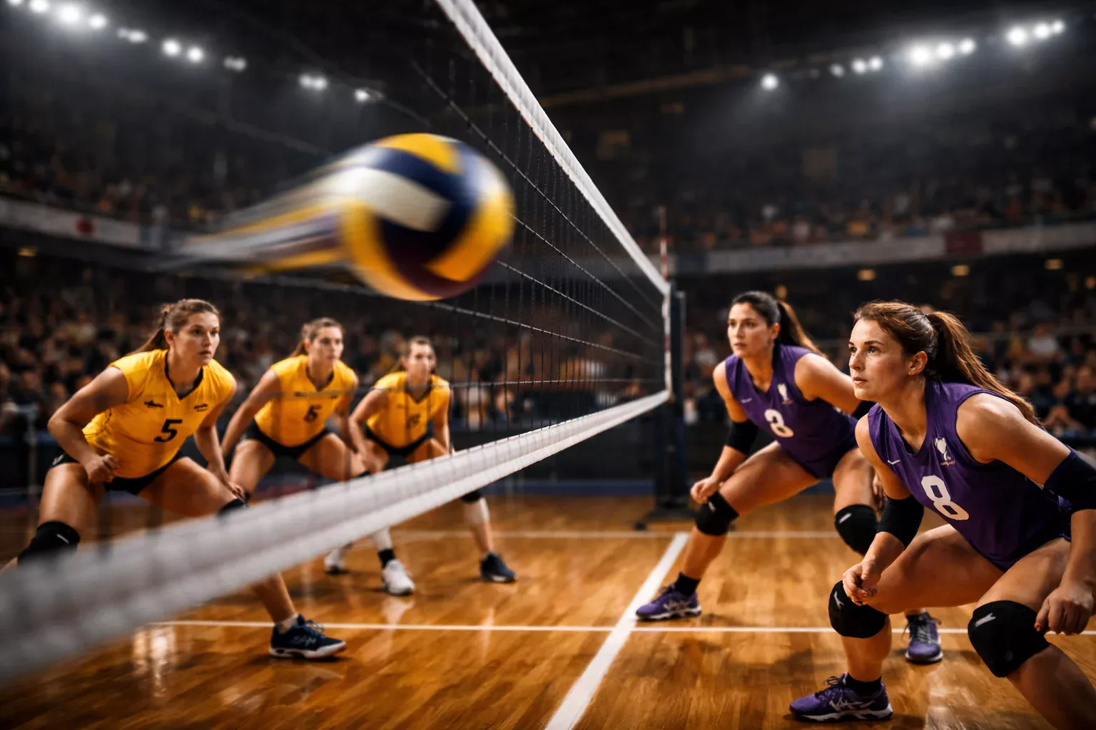 Scambio intenso durante una partita di pallavolo con palla in movimento sopra la rete