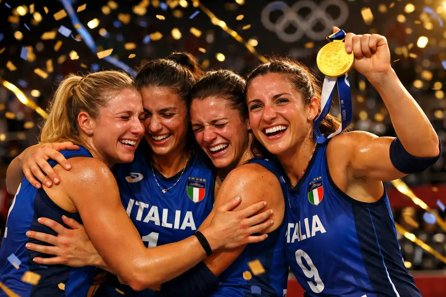 Giocatrici italiane di pallavolo femminile che festeggiano la medaglia d'oro olimpica
