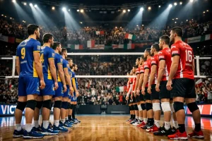 Due squadre di pallavolo maschile schierate a rete prima di un big match in SuperLega
