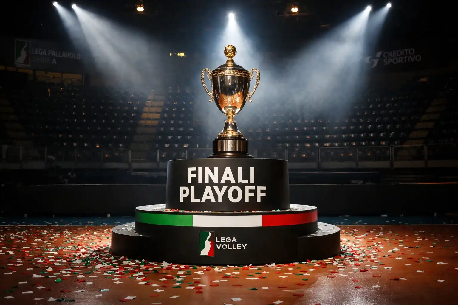 Trofeo di campionato di pallavolo illuminato su un podio in un'arena italiana