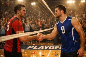 Giocatori di pallavolo si stringono le mani a rete dopo una partita di playoff intensa