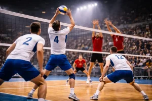 Giocatori di pallavolo pronti a ricevere il fischio d'inizio del primo set in palazzetto