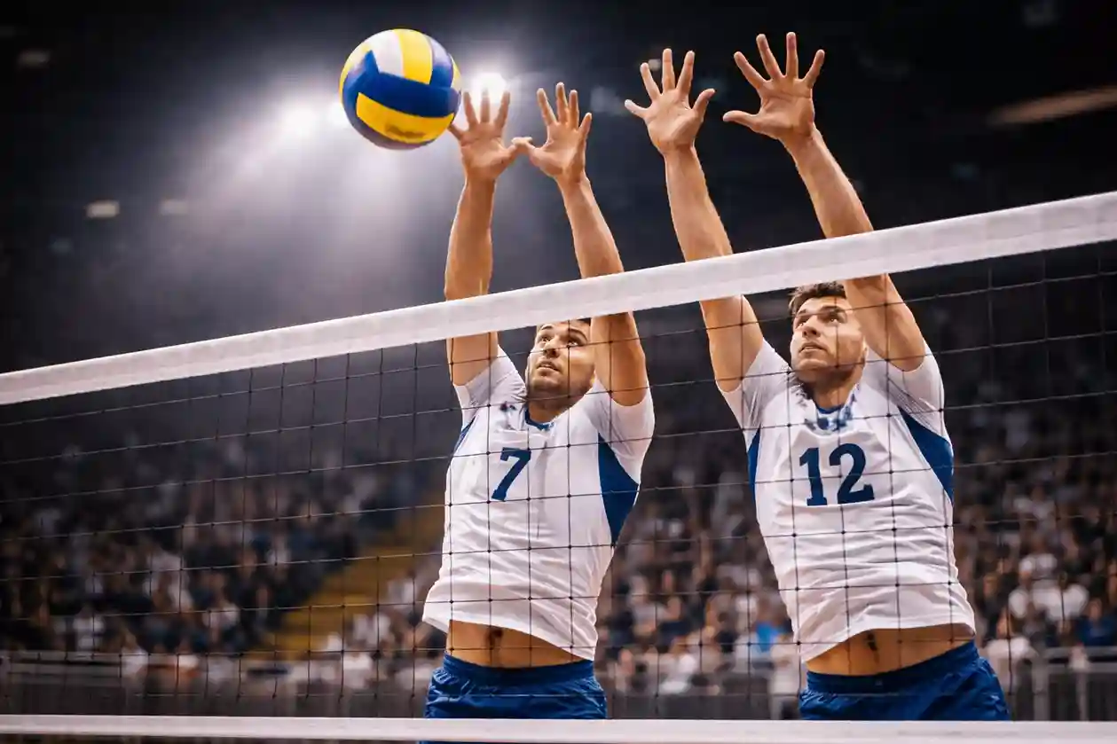 Partita di pallavolo maschile in SuperLega con giocatori a muro sotto i riflettori