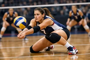 Giocatrice di pallavolo femminile in ricezione durante una partita su campo indoor