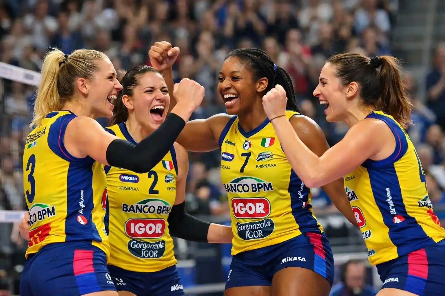 Giocatrici di pallavolo femminile della Serie A1 che celebrano un punto insieme