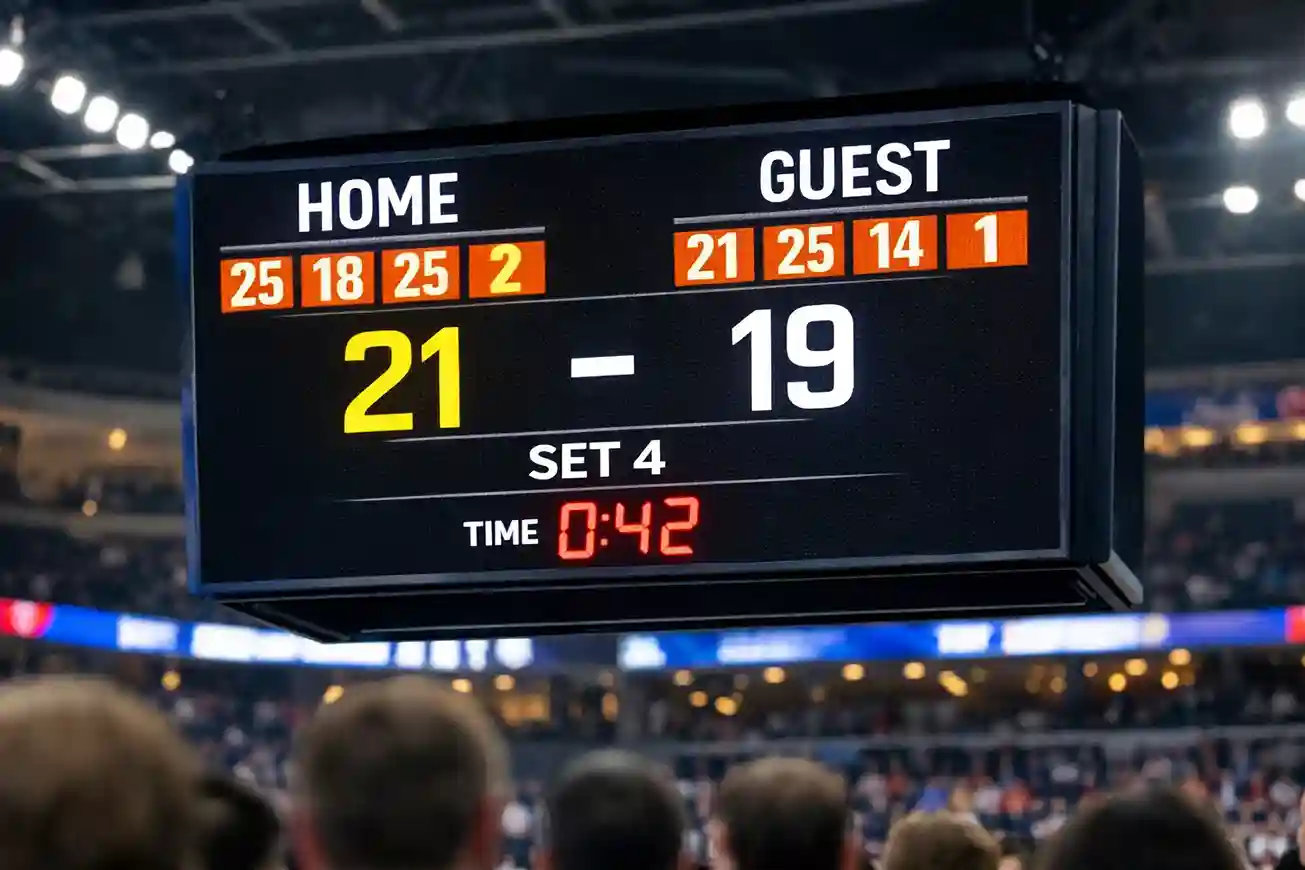 Tabellone elettronico che mostra il punteggio dei set in una partita di pallavolo