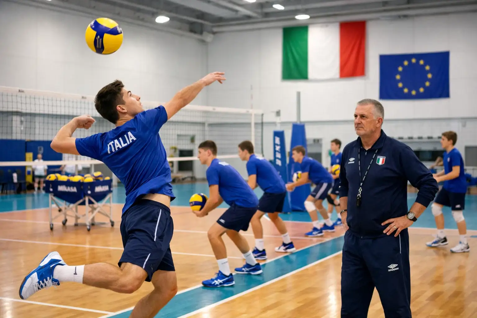 Sessione di allenamento di giovani pallavolisti in un'accademia italiana professionale