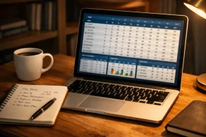 Schermo di un laptop con tabelle di statistiche sportive su una scrivania ordinata