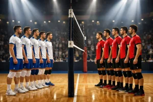 Due squadre di pallavolo maschile schierate a rete prima dell'inizio di una partita in un palazzetto