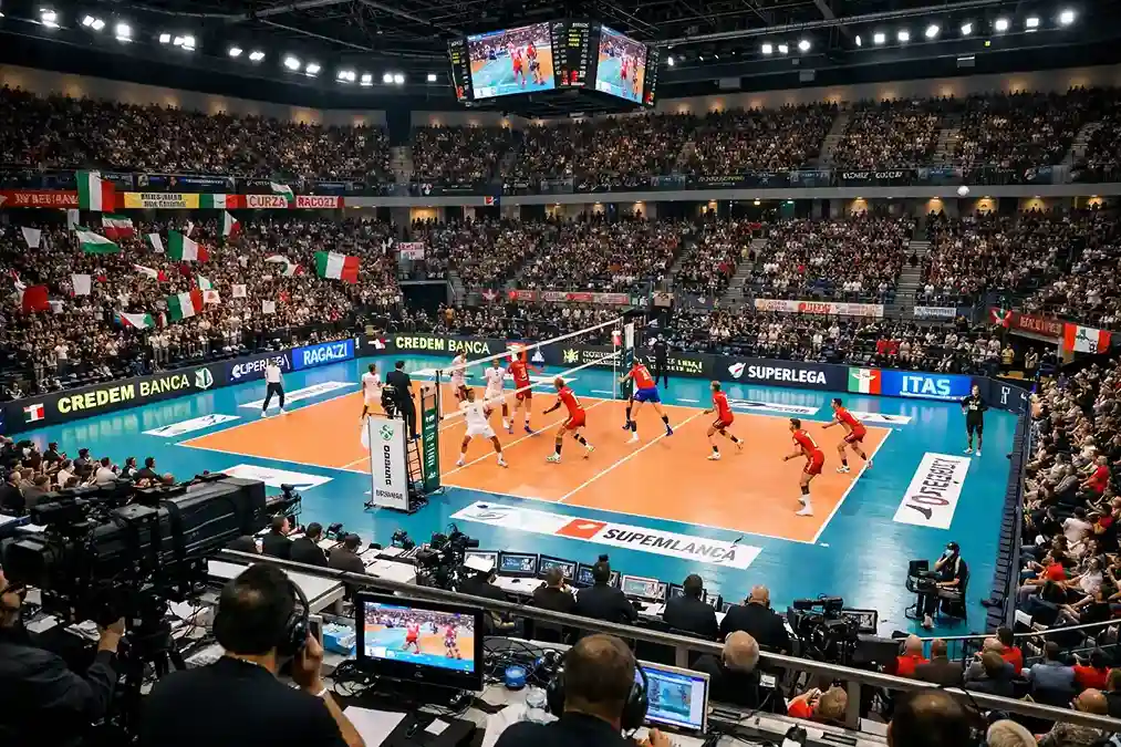 Arena moderna della SuperLega di pallavolo italiana con tifosi e partita in corso