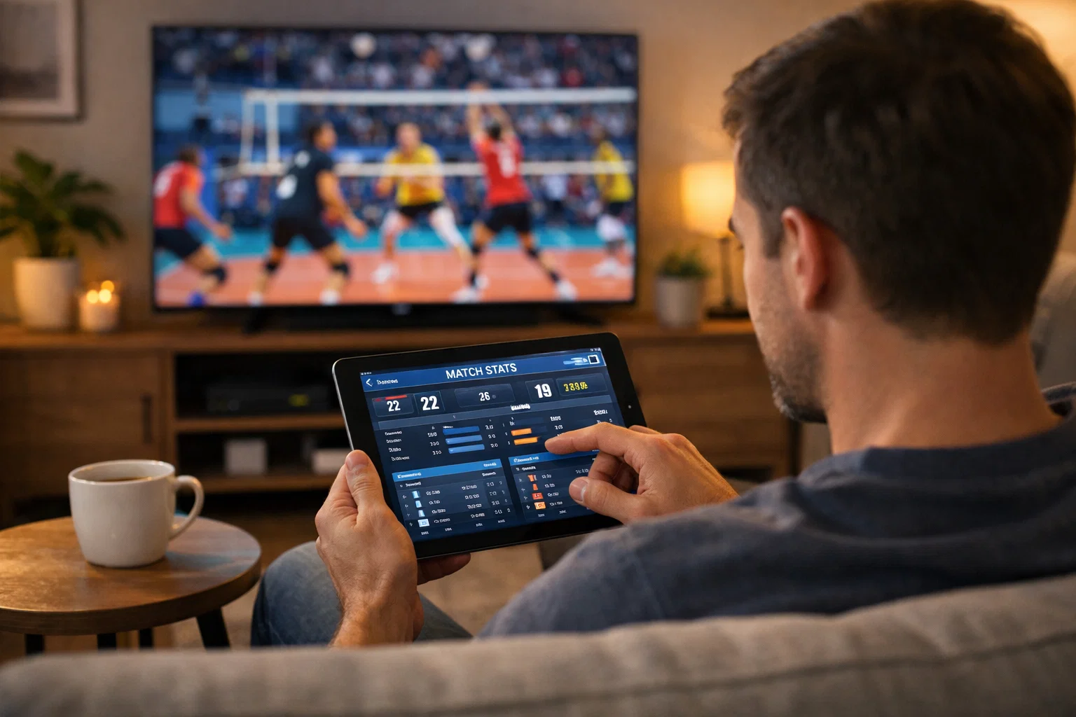 Tifoso che guarda una partita di pallavolo in TV mentre consulta statistiche su tablet